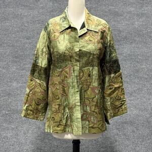 Chicos Design Jacket Womens Size 2 Green Silk Embroidered Applique Boho
